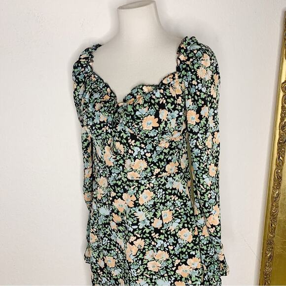 NWT Nasty Gal Apricot Black Floral Long Sleeve Sweetheart Neck Mini Dress Size 6 - Picture 4 of 7